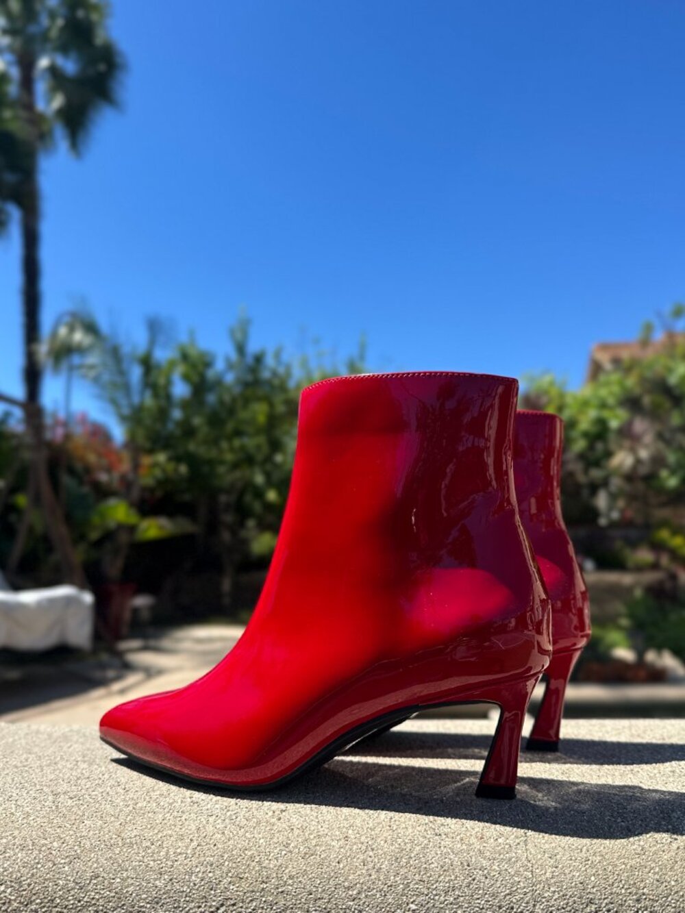 New True Red Pointed Toe Kitten Low Heel Ankle Boots Booties Faux Patent Leather - Picture 5 of 5
